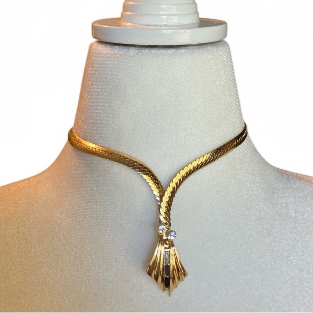 Vtg 80s Goldtone Chevron Collar with Rhinestones- Siren Mobwife Modernist Euro